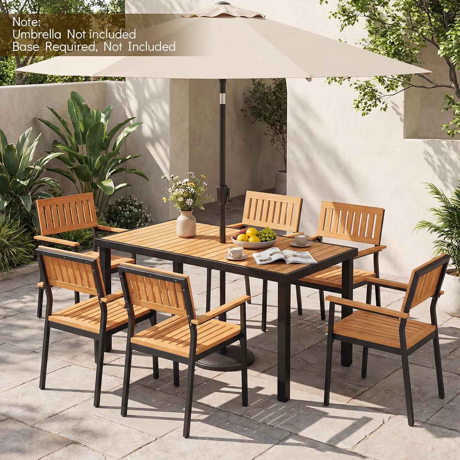 Tangkula 58" Rectangular Patio Dining Table for 6, Acacia Wood Outdoor Table with Slatted Top, 1.97" Umbrella Hole and Heavy Duty Metal Frame, Outside Table for Porch, Garden, Yard, Deck and Poolside