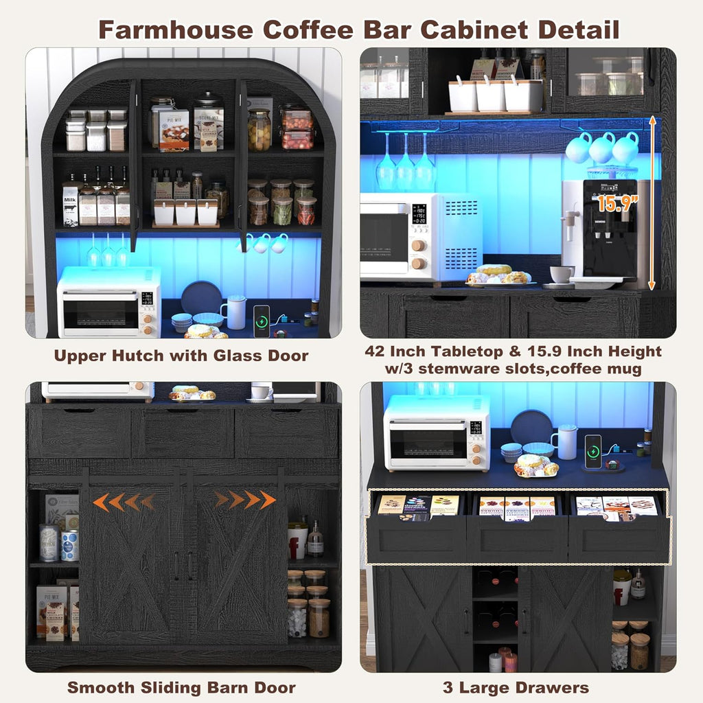 72" Tall Arched Pantry Cabinet w/Power Outlet,LED Lights, 42"W Modern Farmhouse Kitchen Hutch Coffee Bar Storage Cabinet w/Sliding Barn Door,3 Drawers,Glass Door, Versatile Cupboard,for Kitchen