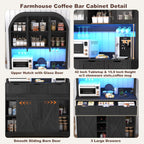 72" Tall Arched Pantry Cabinet w/Power Outlet,LED Lights, 42"W Modern Farmhouse Kitchen Hutch Coffee Bar Storage Cabinet w/Sliding Barn Door,3 Drawers,Glass Door, Versatile Cupboard,for Kitchen