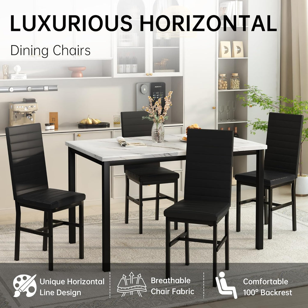 Recaceik 5-Piece Small Dining Table Set for 4, Modern Faux Marble Kitchen Table with 4 Upholstered PU Leather Chairs, Dining Room Table Set for Dinette, Breakfast Nook & Small Spaces, Black
