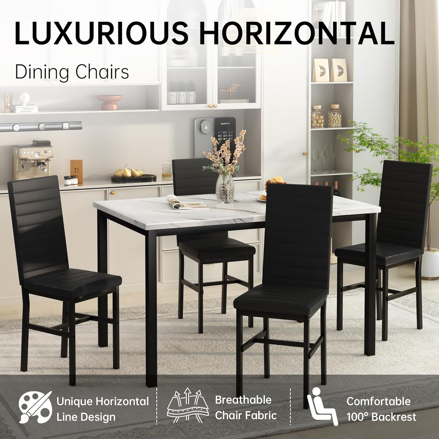 Recaceik 5-Piece Small Dining Table Set for 4, Modern Faux Marble Kitchen Table with 4 Upholstered PU Leather Chairs, Dining Room Table Set for Dinette, Breakfast Nook & Small Spaces, Black