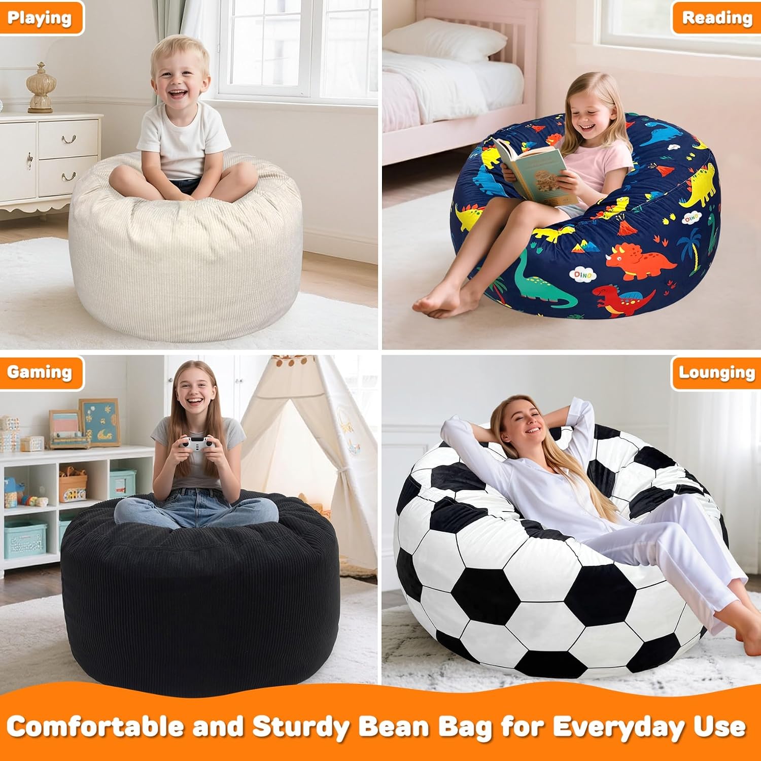 Lukeight Dinosaur Bean Bag Chair for Kids and Teens, Memory Foam Filled Floor Lounger, Washable Velvet Cover with Inner Liner, Beanbag Chair with Filling for Gaming and Reading, Large 27" D x 16" H