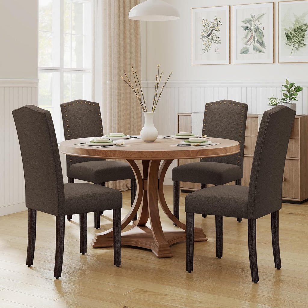 LSSPAID Dining Chairs Set of 4, Modern Comfy Linen Upholstered Parsons Dining Room Chairs with Bronze Nail Head Trim and Brushed Solid Wood Legs, Coffee