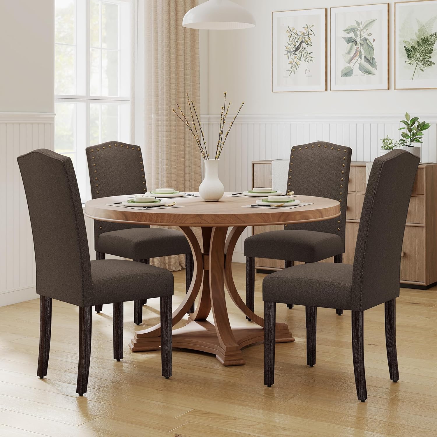 LSSPAID Dining Chairs Set of 4, Modern Comfy Linen Upholstered Parsons Dining Room Chairs with Bronze Nail Head Trim and Brushed Solid Wood Legs, Coffee