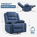 Rocking Recliner Chair for Adults Wide 360° Swivel Rocker Recliner with Cup Holder Nursery Glider with Upholstered Deep Seat Corduroy Comfy Single Sofa for Living Room Blue