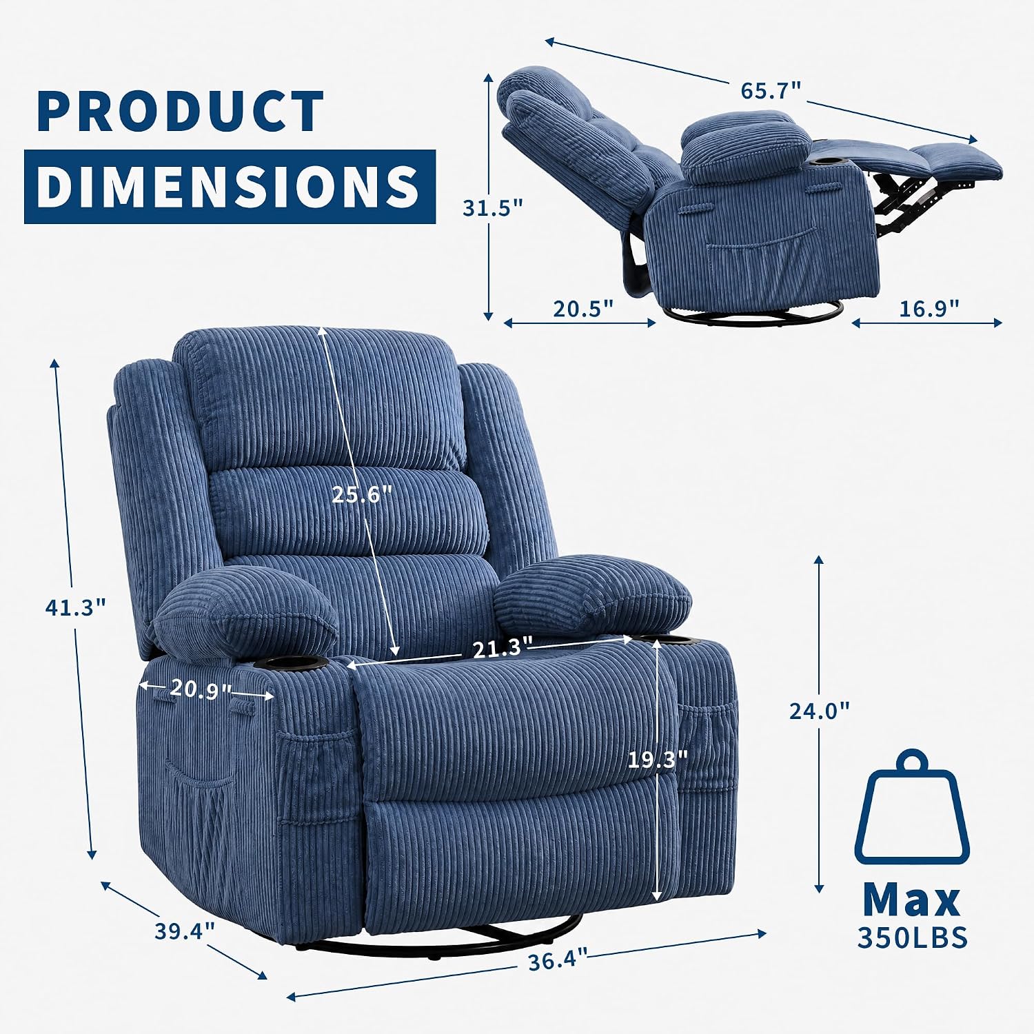 Rocking Recliner Chair for Adults Wide 360° Swivel Rocker Recliner with Cup Holder Nursery Glider with Upholstered Deep Seat Corduroy Comfy Single Sofa for Living Room Blue