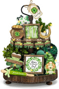 FairySandy St. Patrick's Day Retro Tiered Tray Decor Shamrock Wooden Tier Tray Decor Irish Vintage Green Shamrock Gnome Leprechaun Rustic Farmhouse Wood Sign Tabletop for Saint Patricks Day Decoration