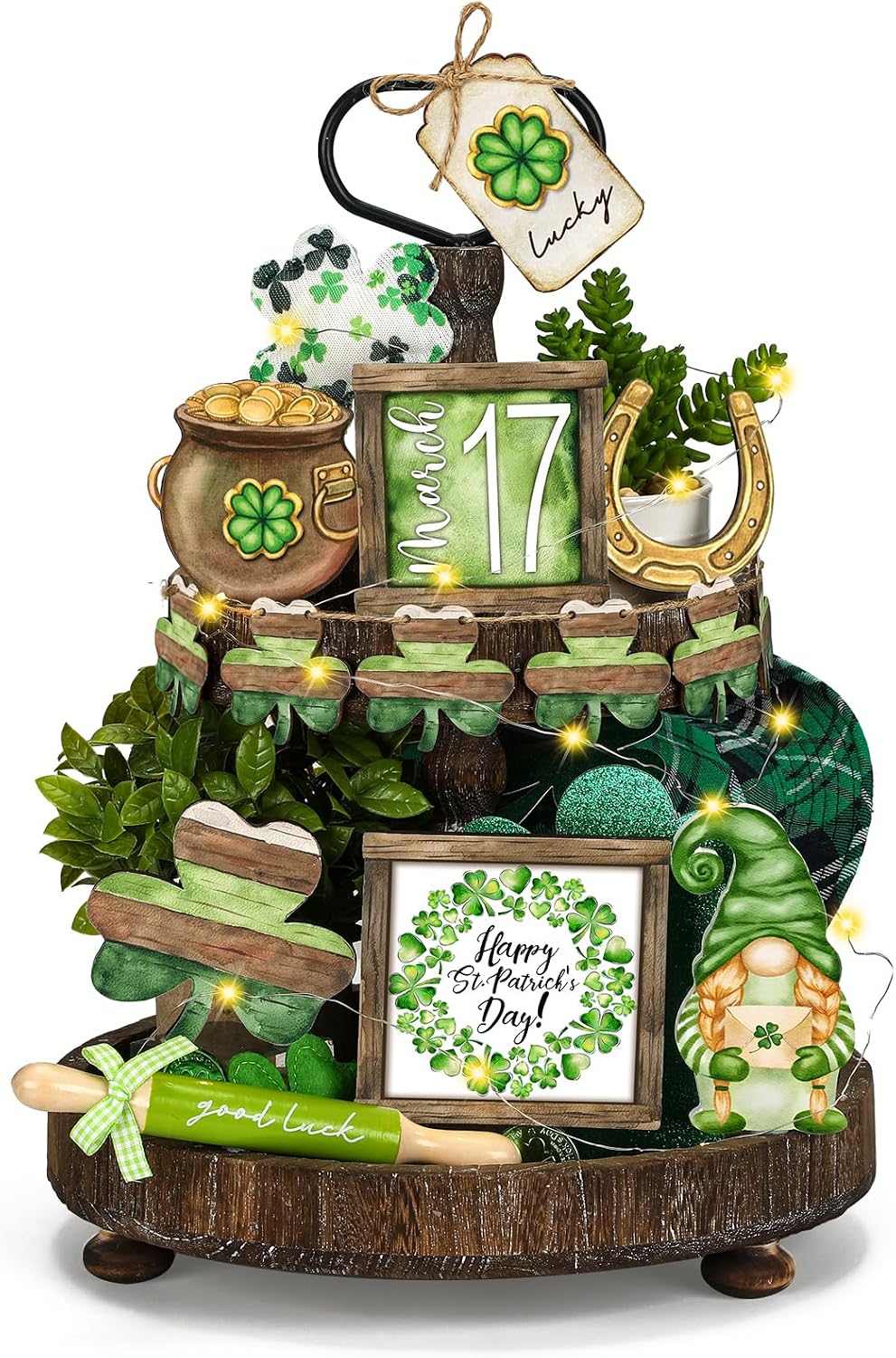 FairySandy St. Patrick's Day Retro Tiered Tray Decor Shamrock Wooden Tier Tray Decor Irish Vintage Green Shamrock Gnome Leprechaun Rustic Farmhouse Wood Sign Tabletop for Saint Patricks Day Decoration