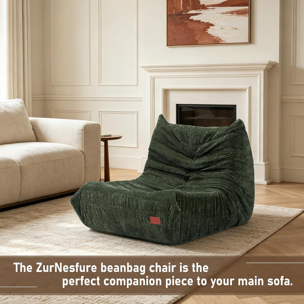 ZurNesfure Bean Bag Chair, Large Beanbag Chair for Adults with Memory Foam, No Assembly Fluffy Bean Bag for Gaming Reading Living Room Bedroom Dorm, Non-Slip Bottom, CHENILLEGREEN