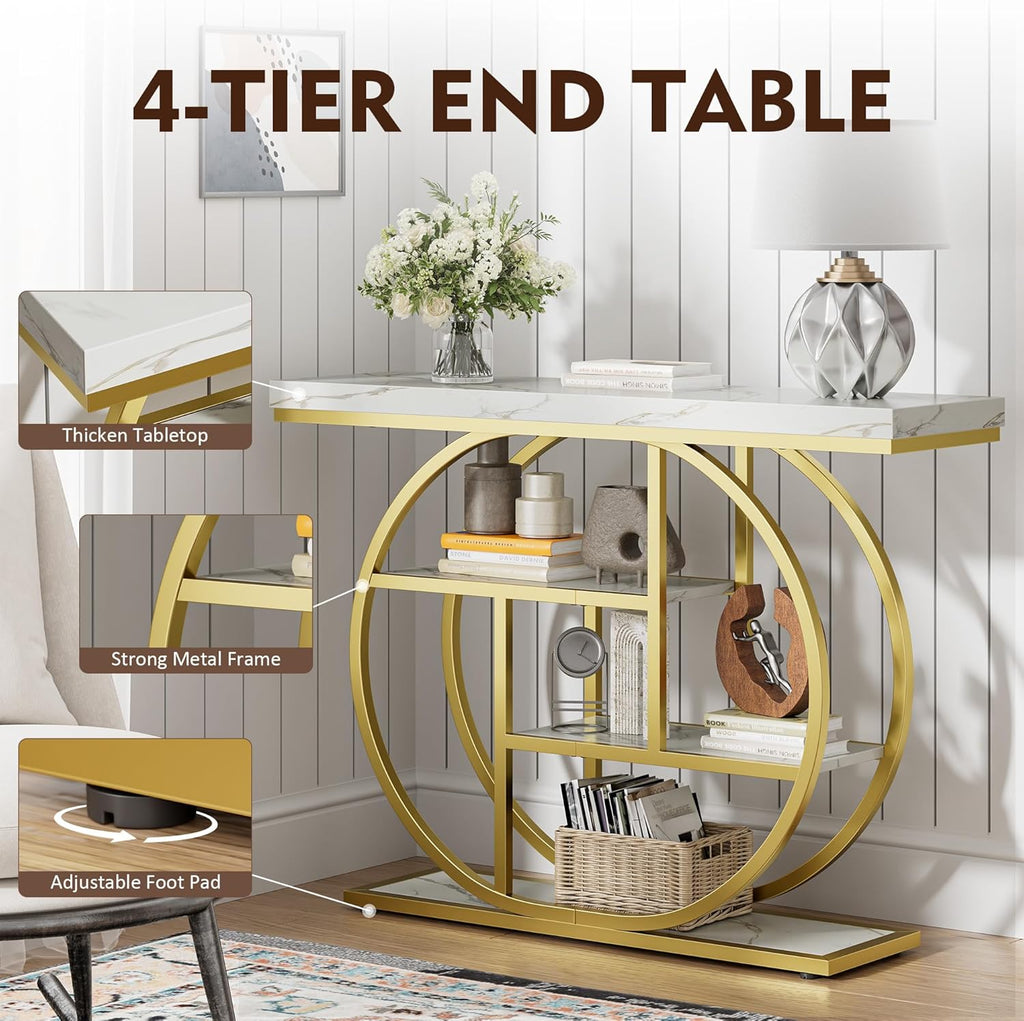 41.3" Console Table, Modern Sofa Table with Circle Base, 4-Tier Narrow Entryway Table for Hallway, Slim Industrial Accent Table with Storage Shelves for Living Room, White & Gold