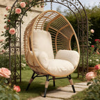 Wicker Egg Chair Indoor Outdoor, 400lbs Capacity, 8-Inch Cushion, Pill-Resistant Fabric Balcony Chairs(Natural)