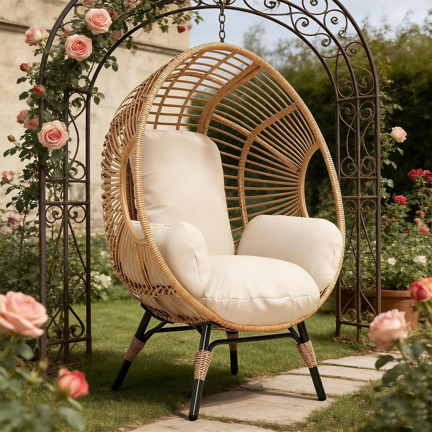 Wicker Egg Chair Indoor Outdoor, 400lbs Capacity, 8-Inch Cushion, Pill-Resistant Fabric Balcony Chairs(Natural)