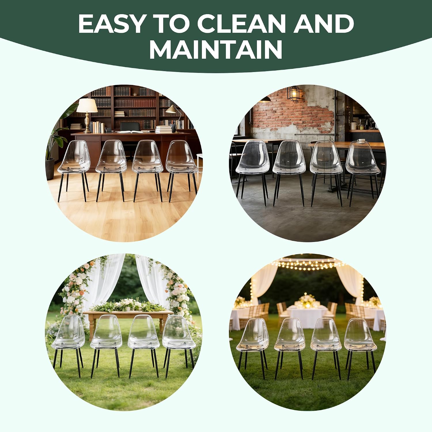 Dining Chairs Set of 4, Modern Acrylic Kitchen Chairs with Transparent Seat, Clear Kitchen Side Chairs with Metal Legs for Living Room, Counter, Dining Room, Kitchen, Reception