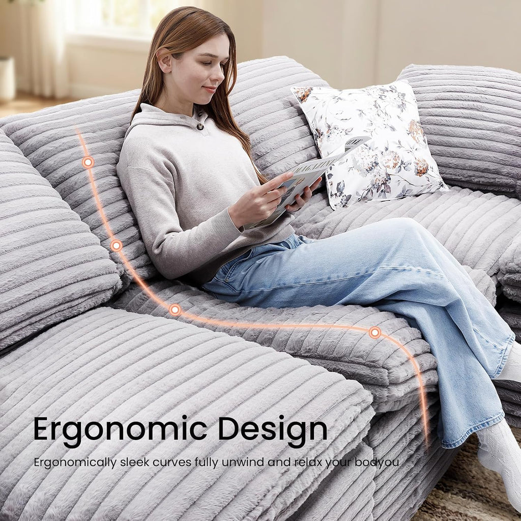 KKL 150" Modular Sectional Sofa, Cloud Sectional Couch U-Shaped with Ottoman, Corduroy Boneless Couch for Living Room Bedroom, Deep-Seat Upholstered Modular Cloud Sofa, No Assembly Required, Grey