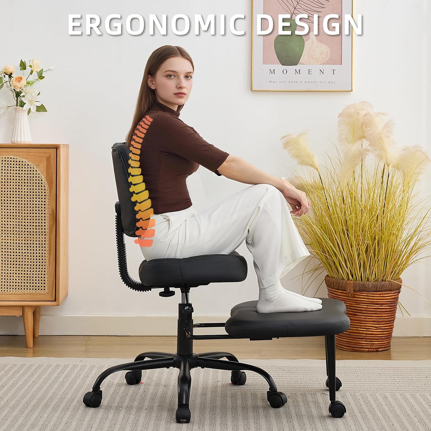 Criss Cross Legged Meditation Chair, Exquisite Home Office Furniture, Ergonomic Kneeling Chair with Lumbar Support and Adjustable Height Stool, for ADHD Adults