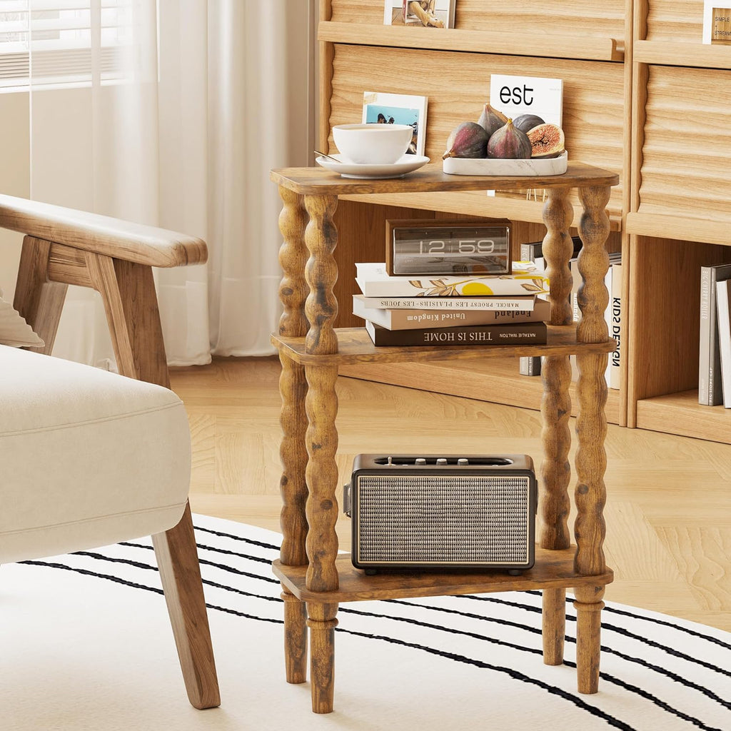 Veegle Side Table, Small End Table with Storage Shelf, 3-Tier Small Coffee Tables for Living Room Bedroom Narrow Spaces(Rustic Brown)