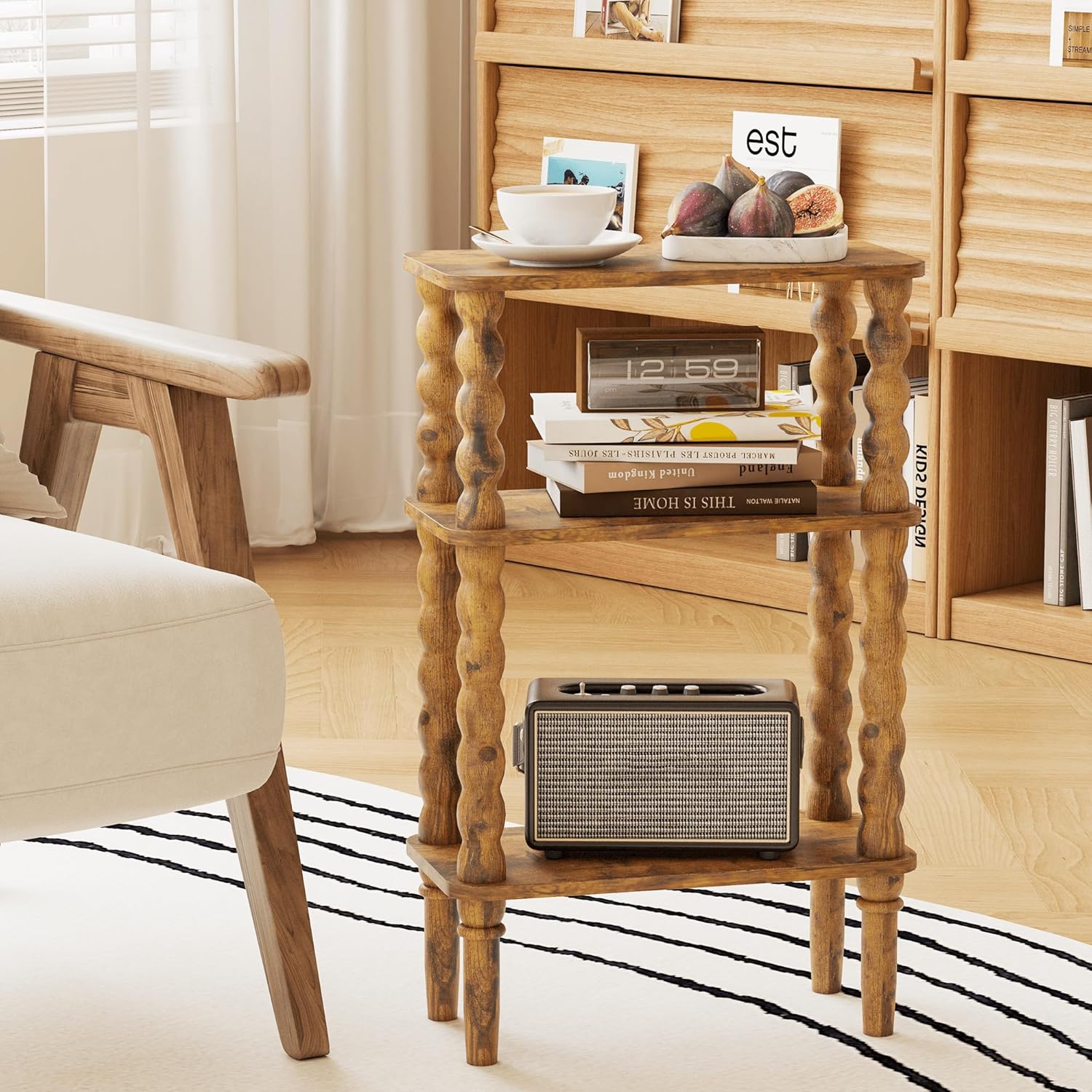 Veegle Side Table, Small End Table with Storage Shelf, 3-Tier Small Coffee Tables for Living Room Bedroom Narrow Spaces(Rustic Brown)