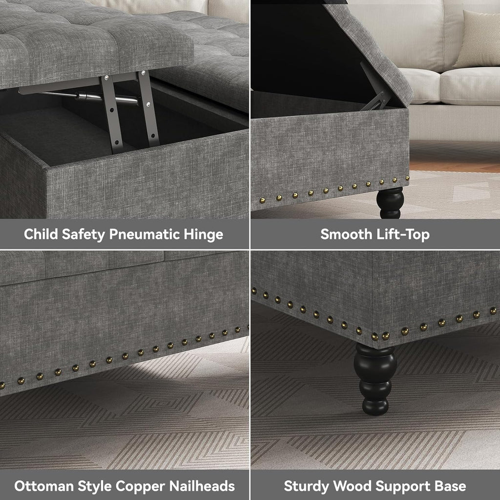 35" Extra Large Storage Ottoman Coffee Table, Tufted Upholstered Coffee Table with Lift Top & Solid Wood Legs,Oversized Storage Ottoman for Living Room, Gray