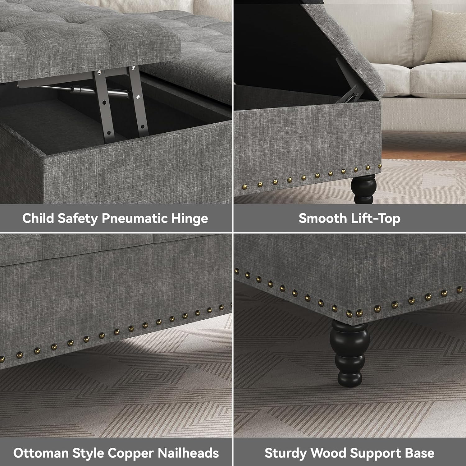 35" Extra Large Storage Ottoman Coffee Table, Tufted Upholstered Coffee Table with Lift Top & Solid Wood Legs,Oversized Storage Ottoman for Living Room, Gray