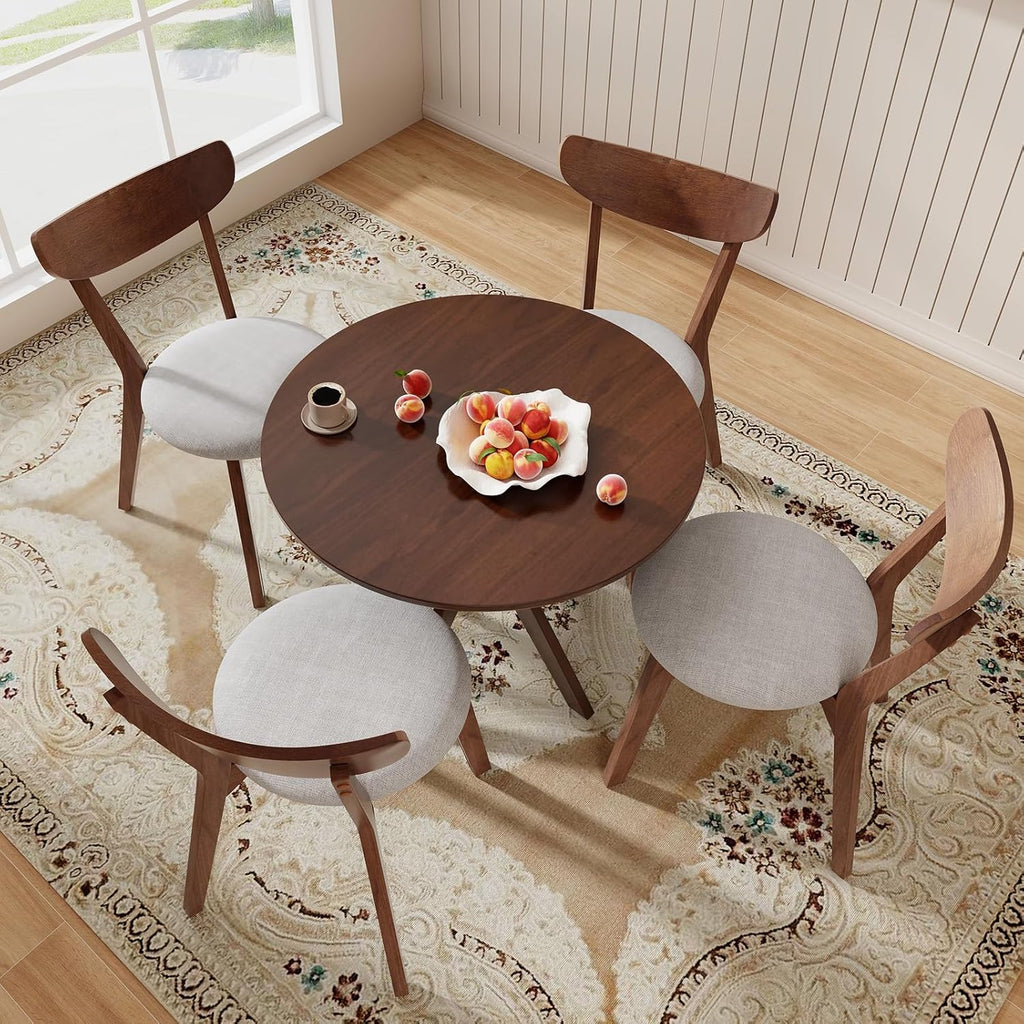 ERGOMASTER 5-Piece Dining Table Set for 4, 36" Kitchen Round Table with 4 Chairs, Rubber Wood Legs, Brown