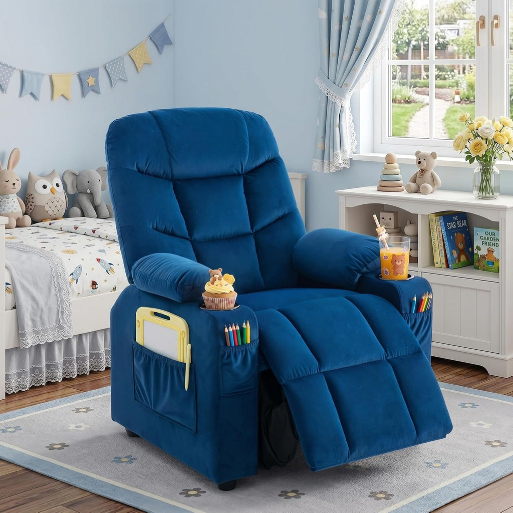 Velvet Larger Kids Reclining Chair Fabric Recliner Sofa Push Back Children Ages 3-12 with Dual Cup Holders and 4 Pockets