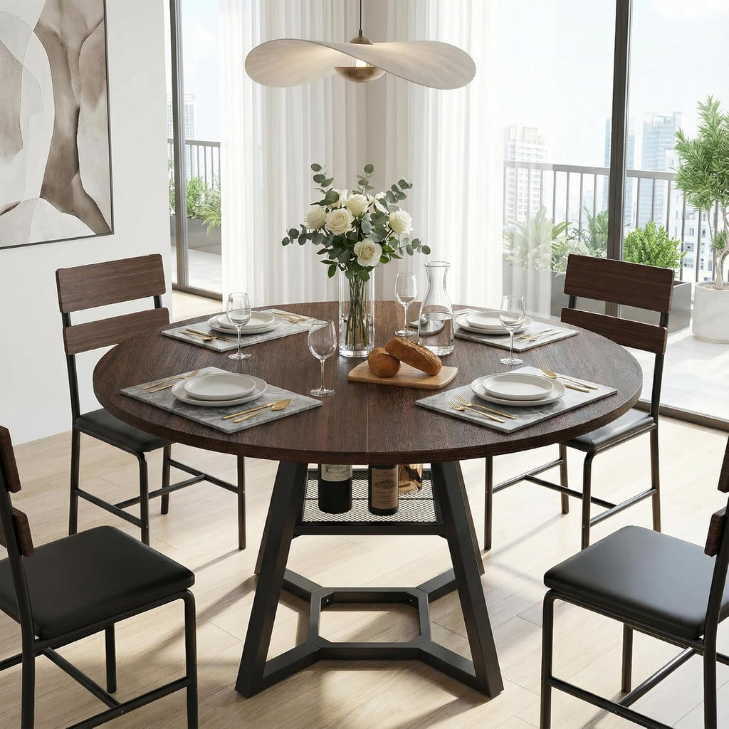 knoworld Round Dining Table for 4-6 with Storage Shelf, Kitchen & Dining Room Circle Pedestal Table, Heavy Duty Metal Frame & Wood Top