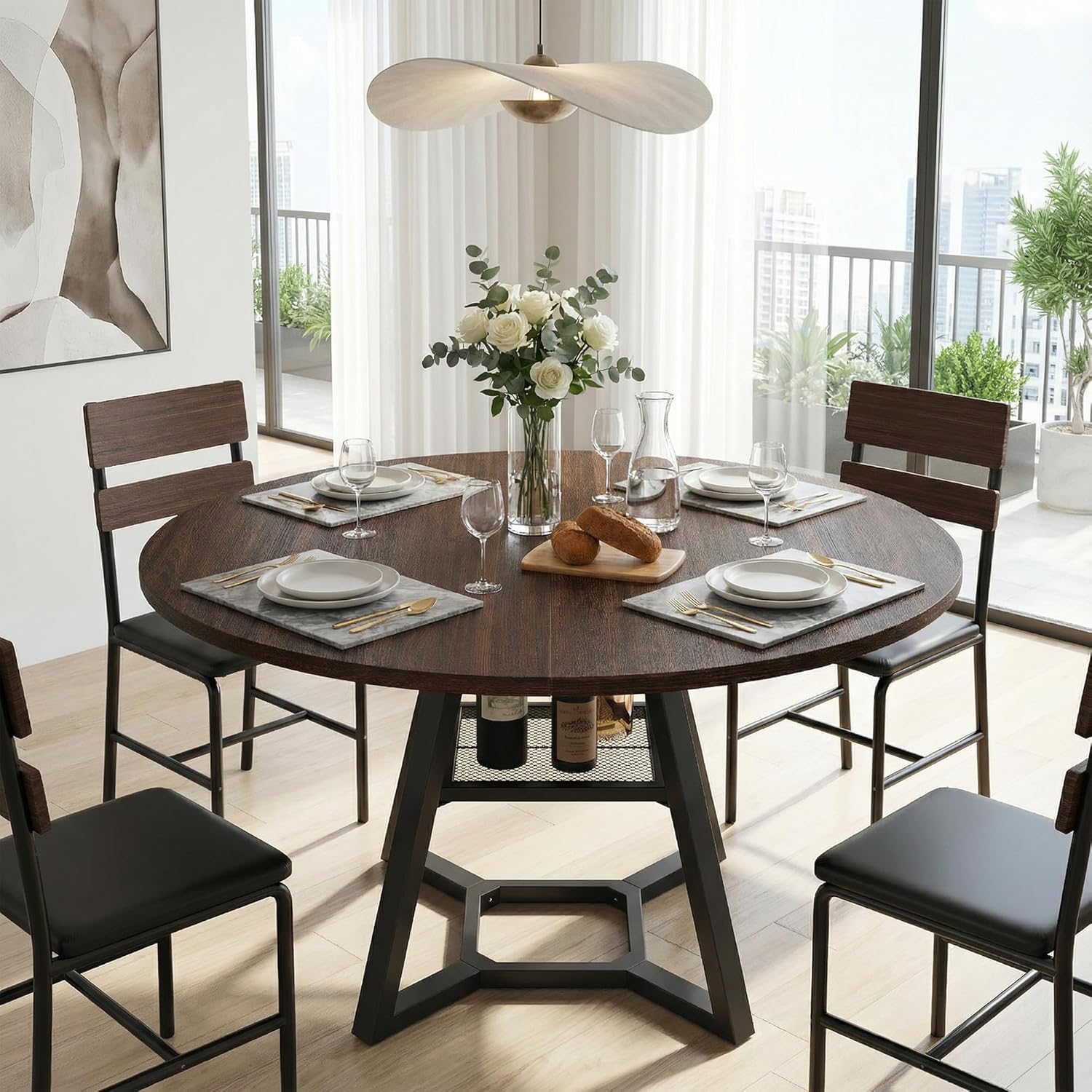 knoworld Round Dining Table for 4-6 with Storage Shelf, Kitchen & Dining Room Circle Pedestal Table, Heavy Duty Metal Frame & Wood Top