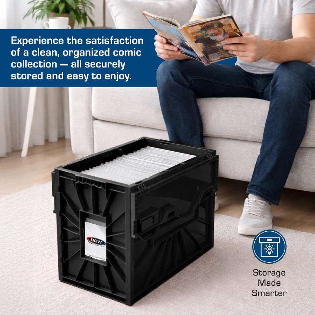 BCW Short Comic Book Bin | Holds 150 Comics | Stackable Plastic Storage | Acid-Free Organizer | Black, 10 Pack