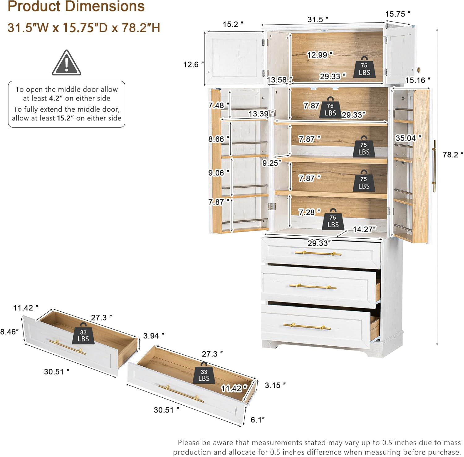 78.2" Tall Kitchen Pantry, Mid-Century Modern Storage Cabinet with 3 Drawers, Freestanding Pantry Cabinets with 4 Doors & Adjustable Shelves, Versatile Cupboard for Dining & Living Room,White