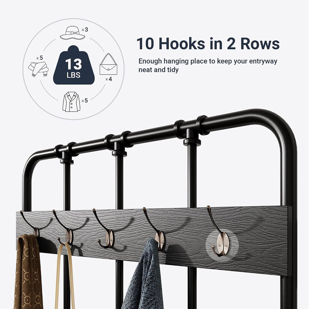 Allewie Coat Rack Shoe Bench, 75" Freestanding Hall Tree, Entryway Bench with Storage Shelves, Upholstered Sponge-Padded Seat, Organized with 5 Hooks, Industrial Furniture, Easy Assembly, Black