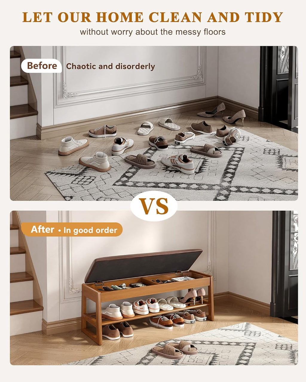 IUNVR Shoe Rack Bench with Hidden Storage, 2-TierSolid Rubberwood Entryway Bench with SoftLeather Cushioned Seat & Flip-Top Storage,330lbs Capacity, Wooden Shoe Organizer forHallway, Closet, Foyerm