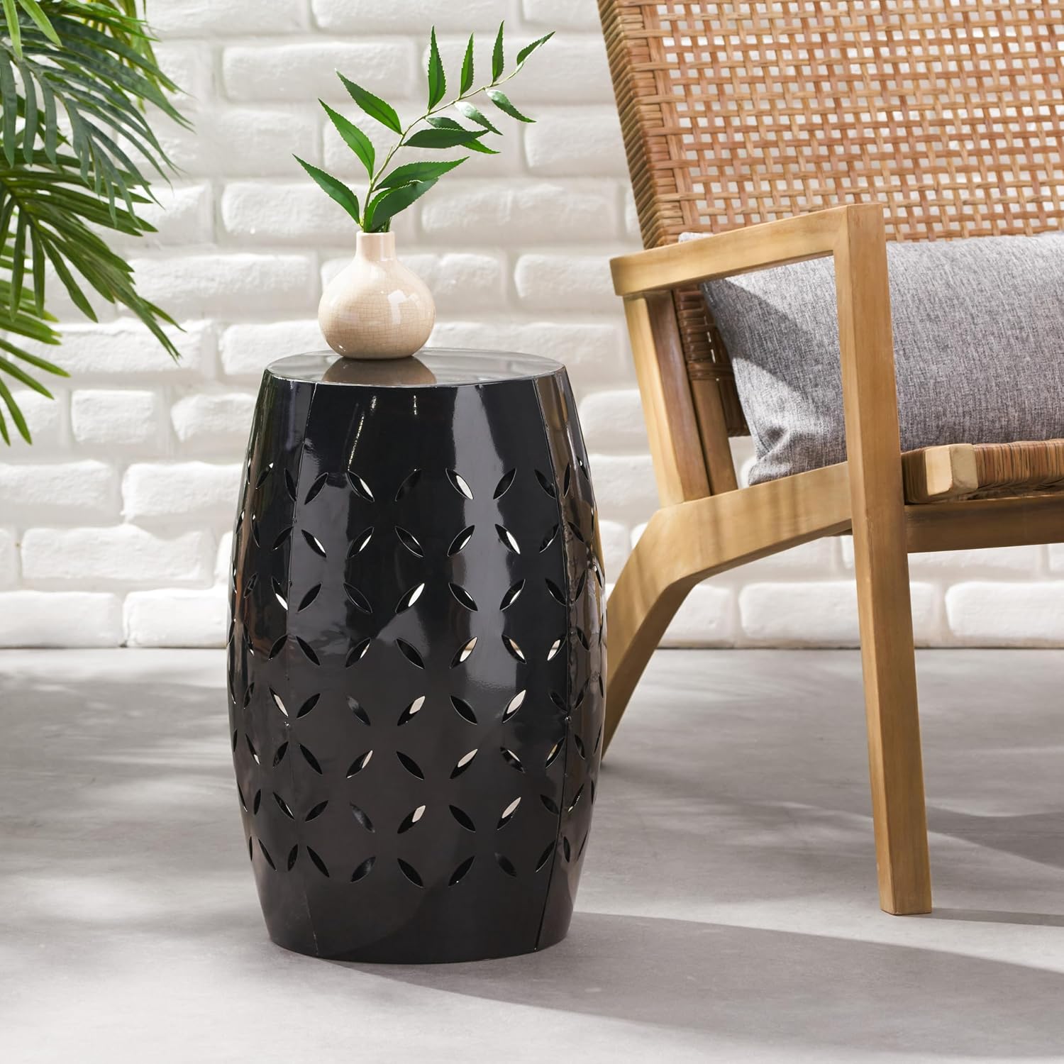 12" Weather Resistant Side Table, End Table with Metal Craft, Accent Table with Cutout Pattern for Indoor Outdoor Living Spaces, Black