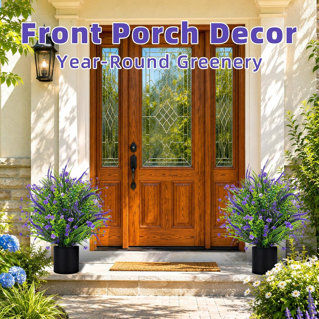 Artificial Lavender Flower Topiary Trees for Front Door UV Resistant Faux Outdoor Potted Plants, Spring Summer Greenery Fake Bushes for Front Door Farmhouse Garden Porch Outdoor Decor (Purple Flower)