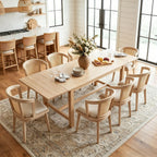 9-Piece Farmhouse Dining Table Set for 8, 59"-94" Extendable Kitchen Table & Upholstered Chairs, Solid Wooden Table with Woven Ratten Chair Living Room Restaurant - Natural/Natural