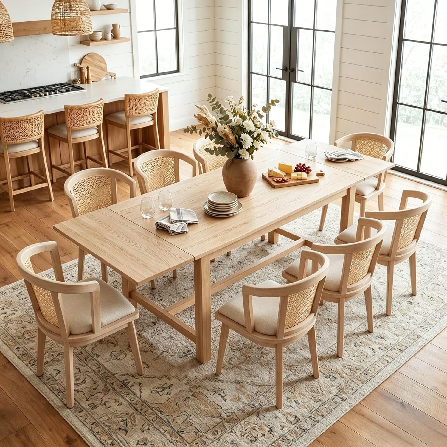9-Piece Farmhouse Dining Table Set for 8, 59"-94" Extendable Kitchen Table & Upholstered Chairs, Solid Wooden Table with Woven Ratten Chair Living Room Restaurant - Natural/Natural