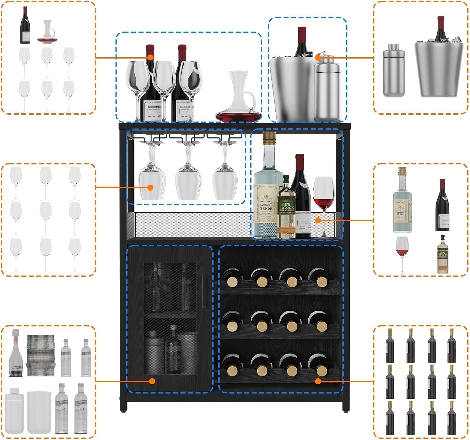 GAOMON Wine Bar Cabinet with Detachable Wine Rack, Bar Cabinet with Storage Space & Glass Holder, Mesh Door, Small Buffet Sideboard for Liquor and Glasses