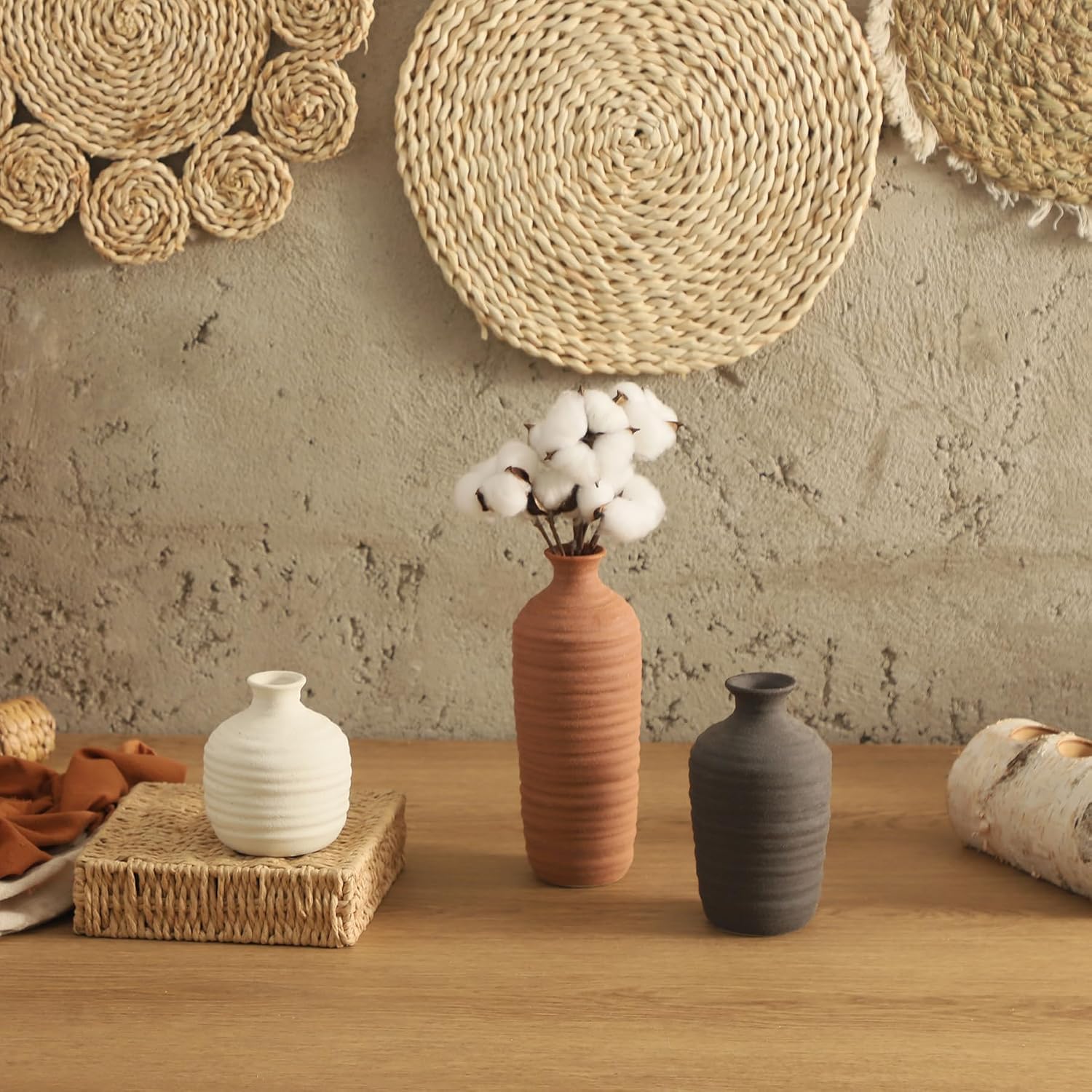 Dobbyby Ceramic Vase Set of 3 Neutral Decorative Vase for Farmhouse, Boho, or Rustic Home Decor Pottery Vases for Pampas Grass Living Room Bedroom Table Mantel Entryway Shelf (01-Brown)