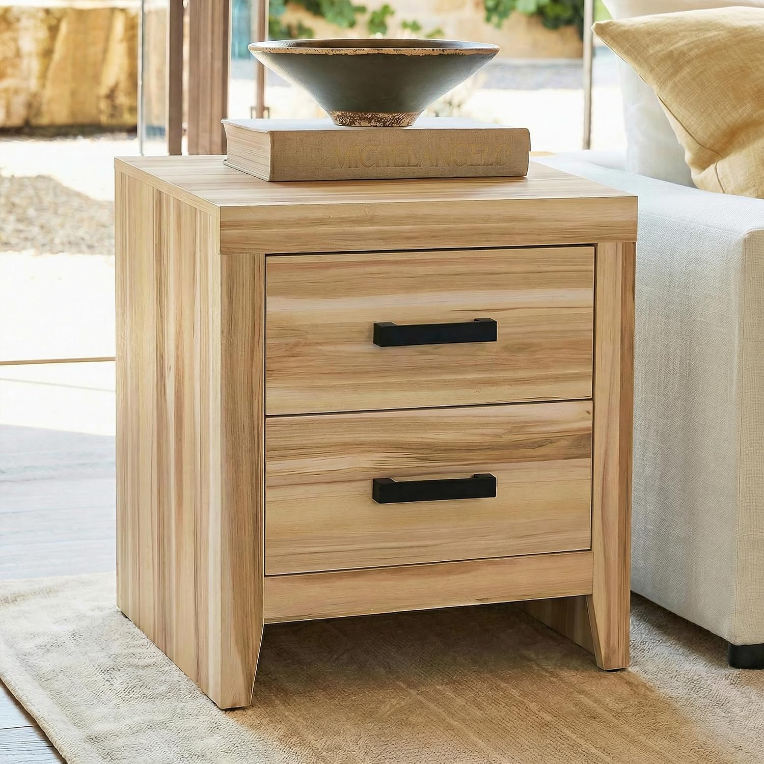 WAMPAT End Table with 2 Large Drawers, Farmhouse Side Table with Storage, Rustic Wood Nightstand Bedside Table for Bedroom and Living Room, Two-Tone