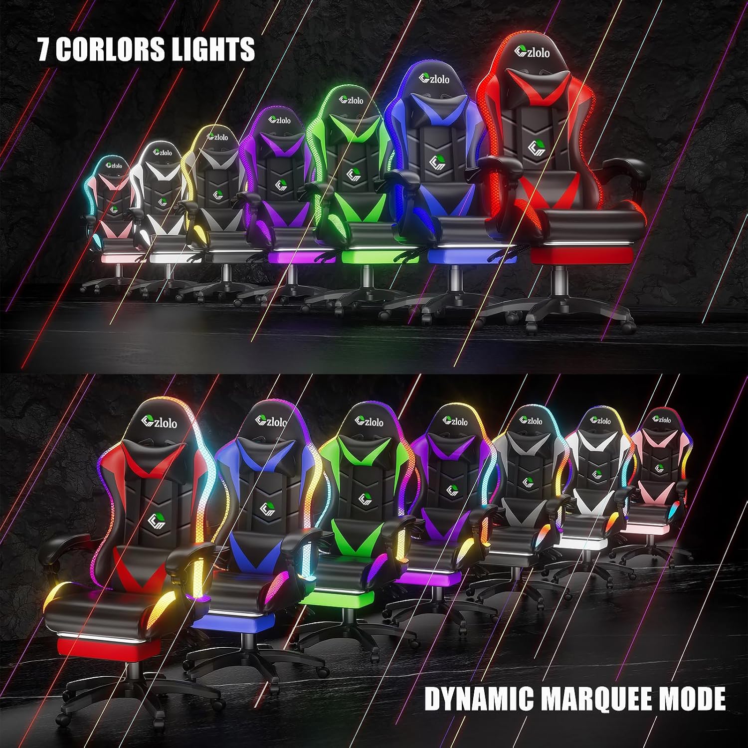 Czlolo Gaming Chair, Racing Style RGB LED Lights Gaming Chairs for Adults and Kids, Lumbar Massager Gamer Chair, High Back Reclining Computer Chair with Footrest and Headrest (Black/Blue)