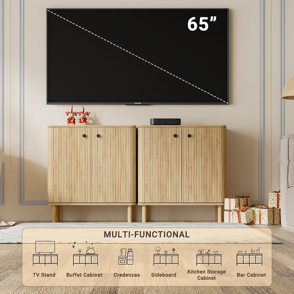 Fluted Sideboard Buffet Cabinet with Storage, 31'' Natural Oak Wood Buffet with Adjustable Shelves, Solid Wood Legs & 210° Wide-Open Door, Rounded Credenza for Kitchen & Entryway