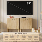 Fluted Sideboard Buffet Cabinet with Storage, 31'' Natural Oak Wood Buffet with Adjustable Shelves, Solid Wood Legs & 210° Wide-Open Door, Rounded Credenza for Kitchen & Entryway
