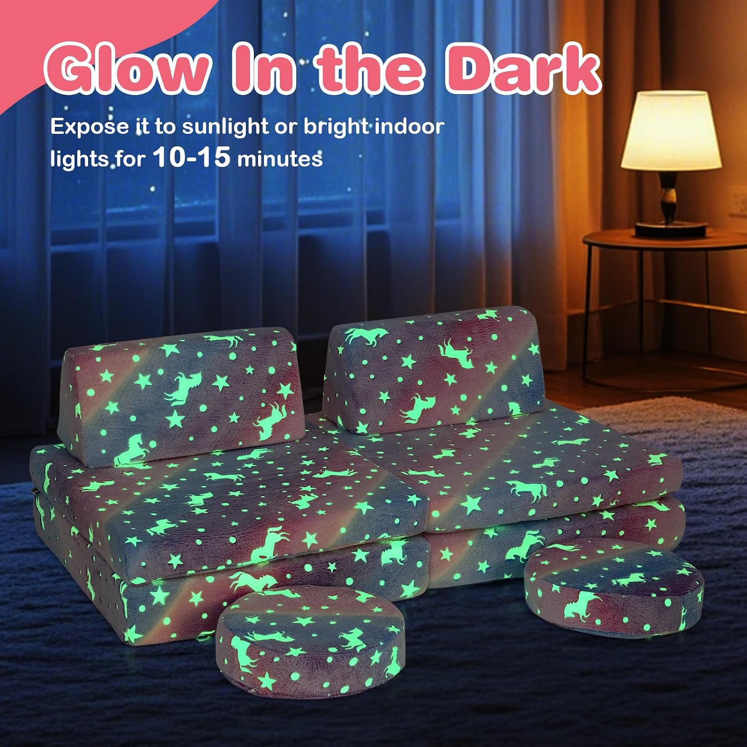 Costzon Kids Couch Set Convertible, Toddler Chair Glow in The Dark, Folding Children Sofa Couch, Bedroom and Playroom Furniture for Toddlers, Comfy Foam and Floor Cushion Gift for Boys and Girls