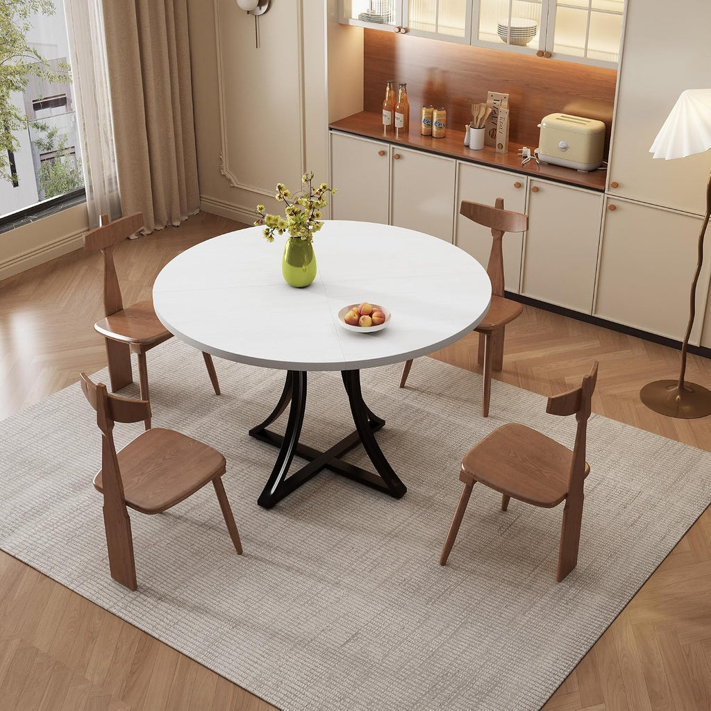 Modern Industrial Round Dining Table 47 Inch, x-Shaped Stable Pedestal, Space-Saving Small Kitchen Table for 4-6 People, Easy to Assemble for Dining Room Living Room,White
