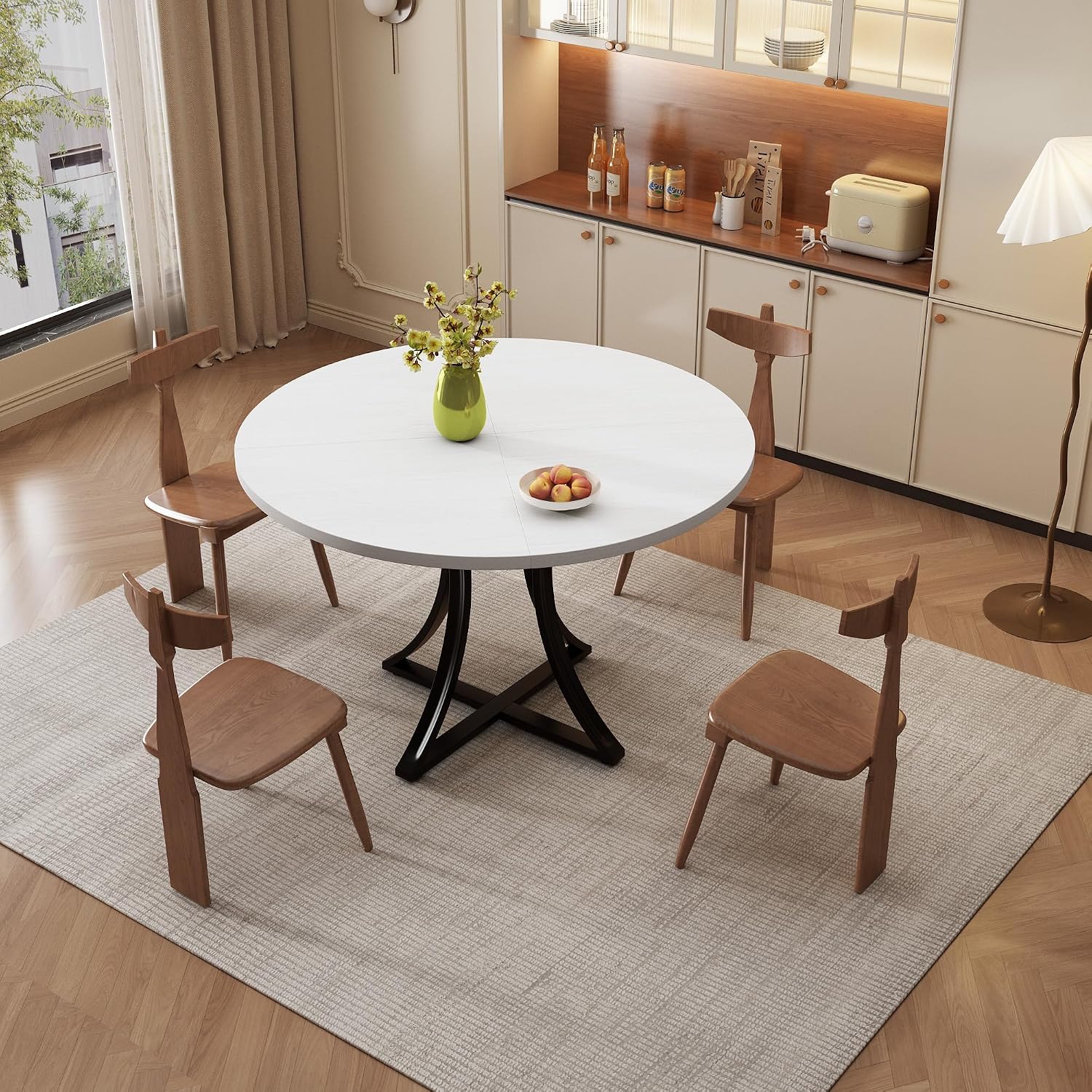 Jojoka Modern Industrial Round Dining Table for 4-6, Space-Saving Small Dining Table with x-Shaped Stable Pedestal, Circle Kitchen Tables for Dining Room & Living Room Easy to Assemble - White