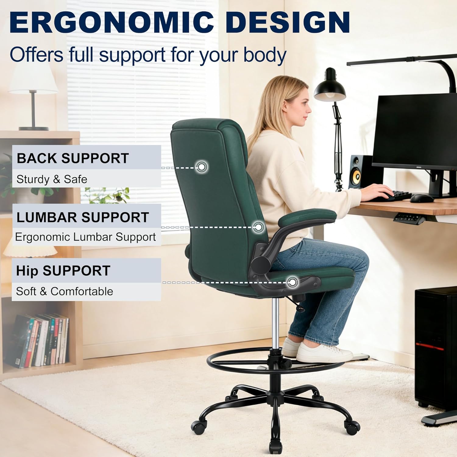 Misolant Drafting Chair, Tall Office Chair for Standing Desk, PU Leather Counter Computer Chairs with Adjustable Height, Rocking Function, 360° Swivel Wheels for Bar Office