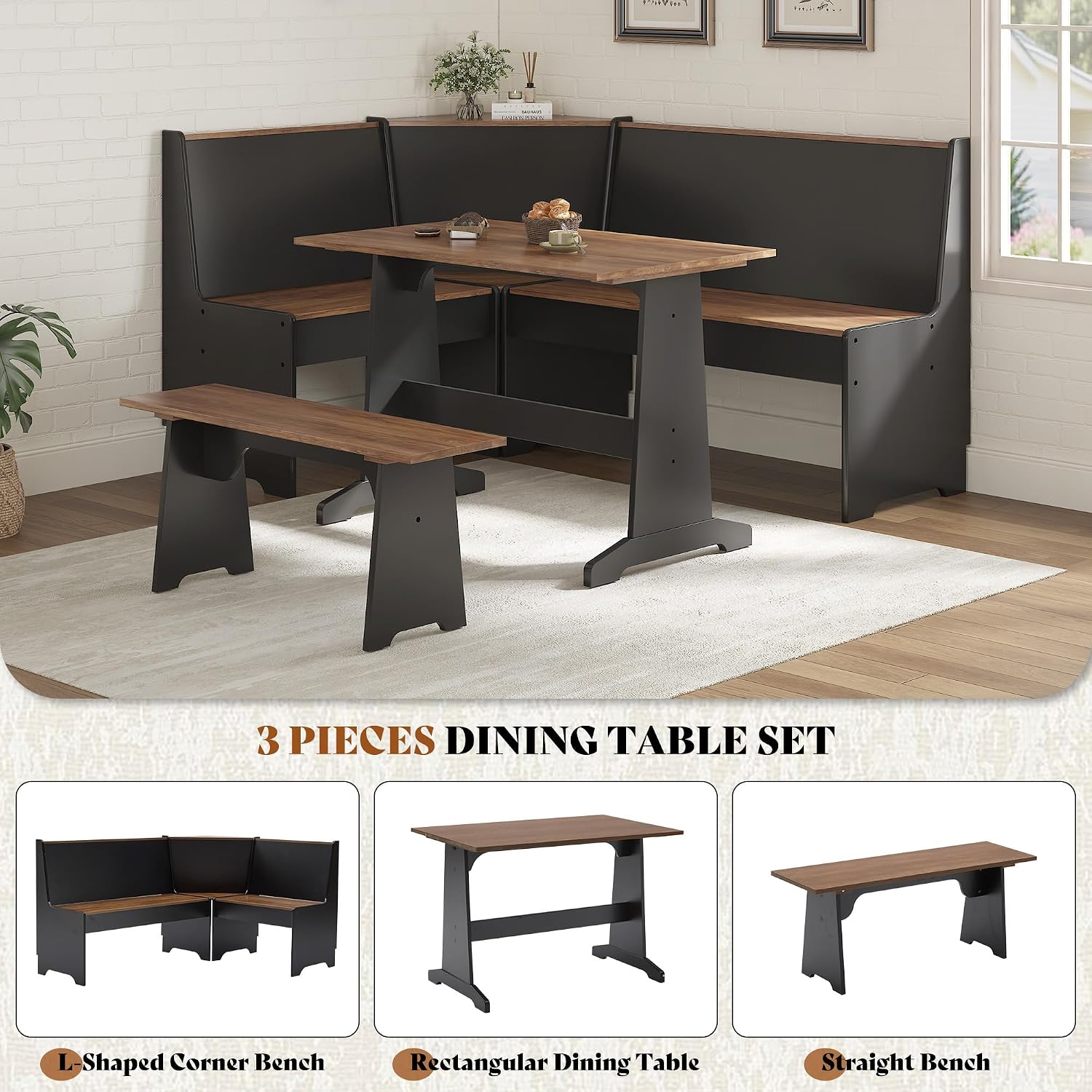 LUXOAK 3-Piece Corner Dining Set with Hidden Storage, Black Oak | Breakfast Nook, L-Shaped Corner Bench, Hidden Storage, Space Saving Design for Small Space, Kitchen Dining Room Furniture