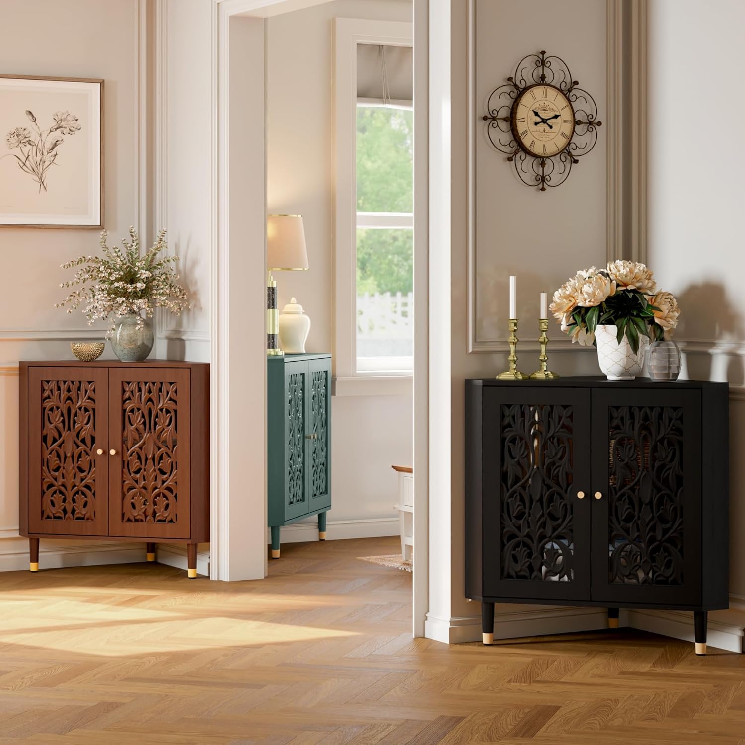 3More 2-Door Retro Accent Corner Cabinet, Hollow Carved Doors Storage Cabinet with Adjustable Shelf and Gold Aluminum Handles, Furniture for Living Room Dining Room Bathroom