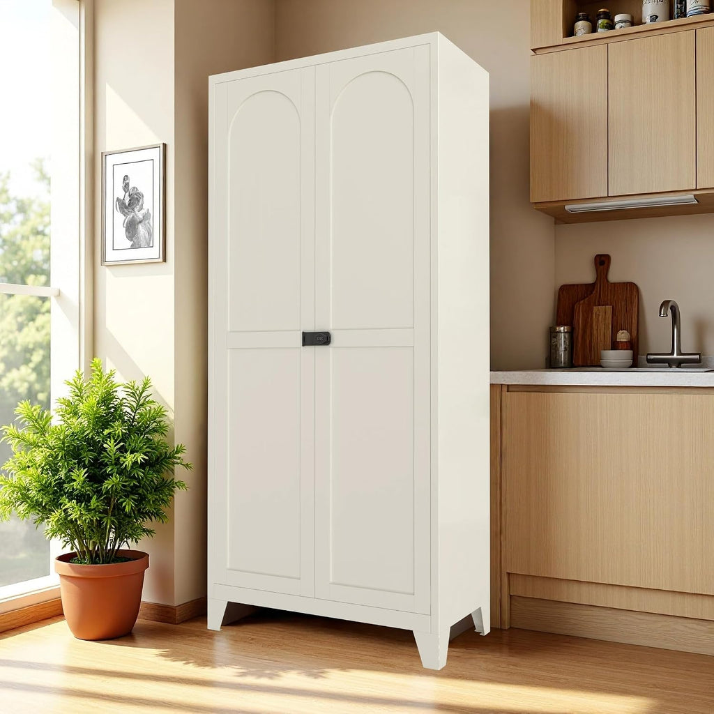 JIJIWANG 71'' Metal Pantry Cabinet, Kitchen Pantry Storage Cabinets with 2 Door and Adjustable Shelves,Kitchen Pantry Cabinet, Freestanding Cupboard for Dining Room Living Room Bathroom,Beige
