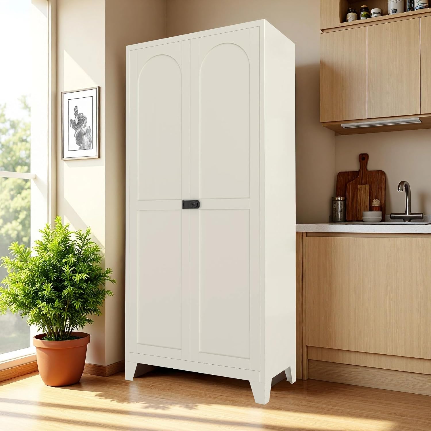 JIJIWANG 71'' Metal Pantry Cabinet, Kitchen Pantry Storage Cabinets with 2 Door and Adjustable Shelves,Kitchen Pantry Cabinet, Freestanding Cupboard for Dining Room Living Room Bathroom,Beige