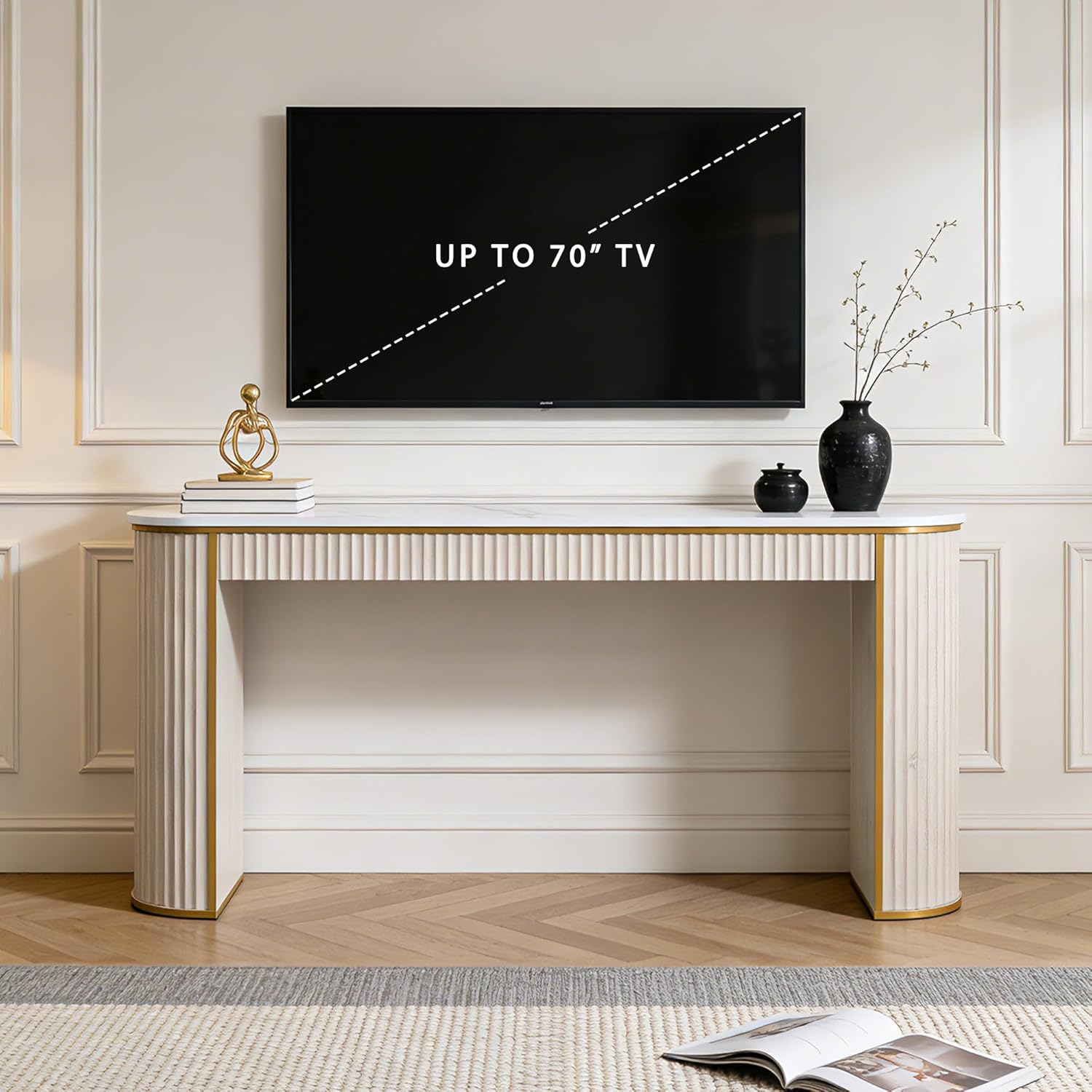 OKD Modern Fluted Console Table, 63" Long Narrow Entryway & Sofa Tables for Hallway, Tall Accent Table Behind Couch for Foyer Living Room, White Alder